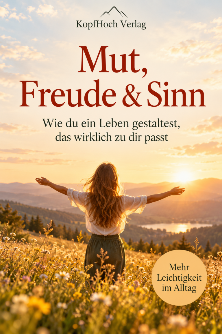 E-Book-Cover: Mut, Freude & Sinn – Frau mit ausgebreiteten Armen in einem goldenen Feld