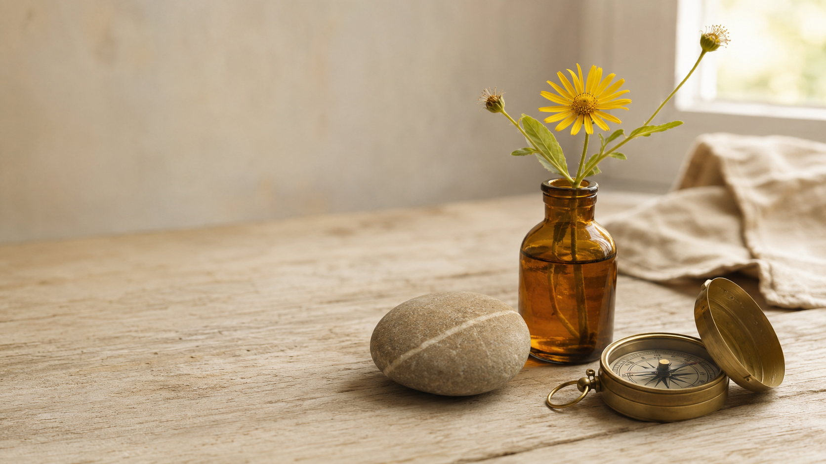 Gelbe Blume, Stein und Kompass als Sinnbilder für Freude, Mut und Sinn