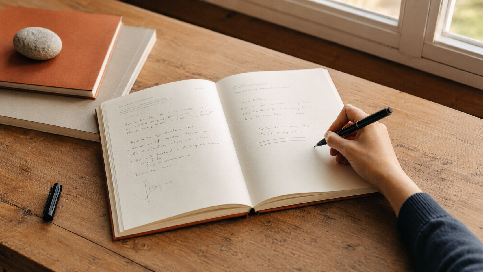 Aufgeschlagenes Arbeitsbuch mit handschriftlichen Notizen zum Thema Veränderung und Selbstreflexion