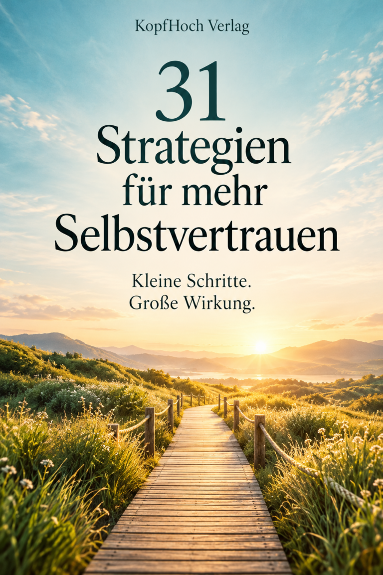 E-Book-Cover: 31 Strategien für mehr Selbstvertrauen – Weg durch sonnige Hügel