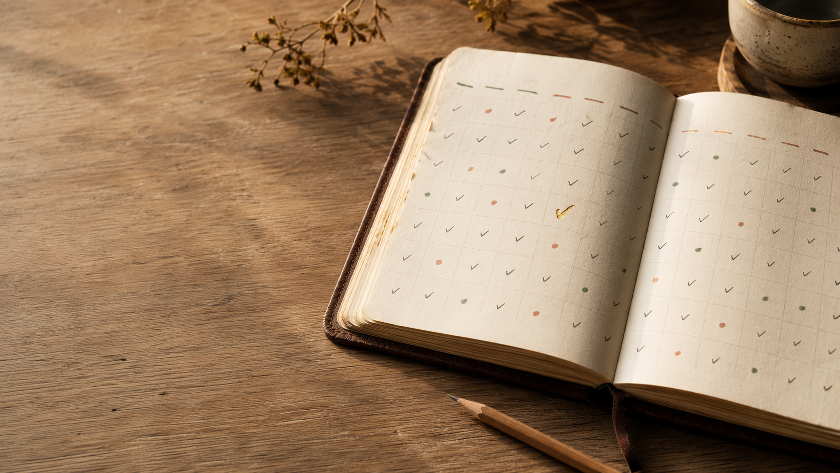 Aufgeschlagenes Notizbuch mit vielen kleinen Markierungen als Sinnbild für täglichen Mut