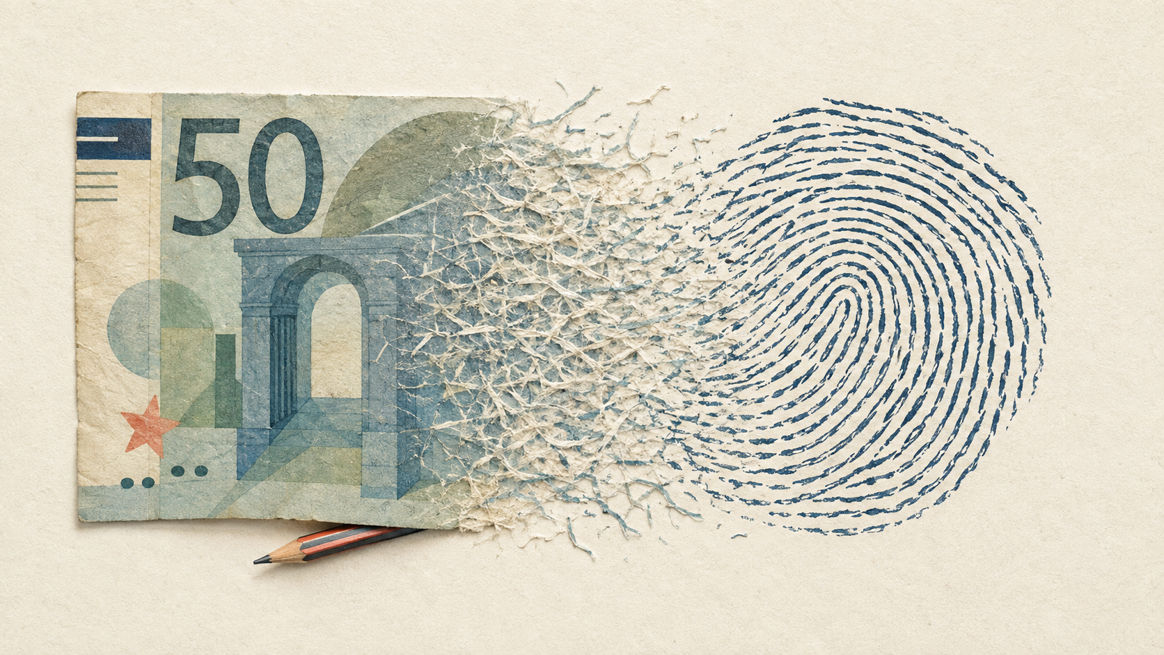Ein 50-Euro-Schein loest sich auf und geht in einen Fingerabdruck ueber - Sinnbild fuer Selbstwert