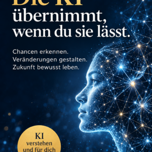 E-Book-Cover: Die KI übernimmt. Wenn du sie lässt. – digitales Profil in Blau