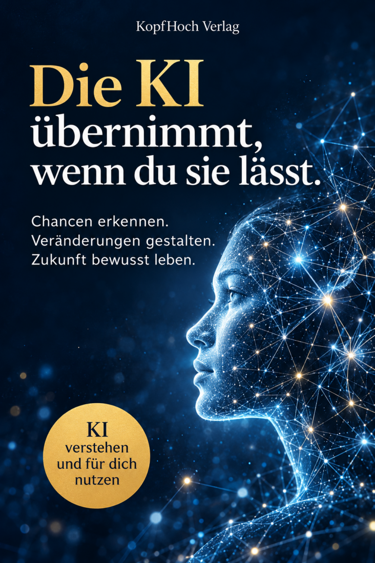 E-Book-Cover: Die KI übernimmt. Wenn du sie lässt. – digitales Profil in Blau
