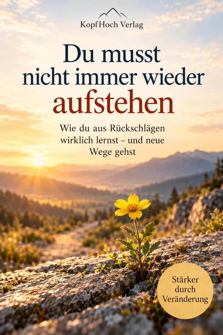 E-Book-Cover: Du musst nicht immer wieder aufstehen – gelbe Blume zwischen Felsen im Morgenlicht